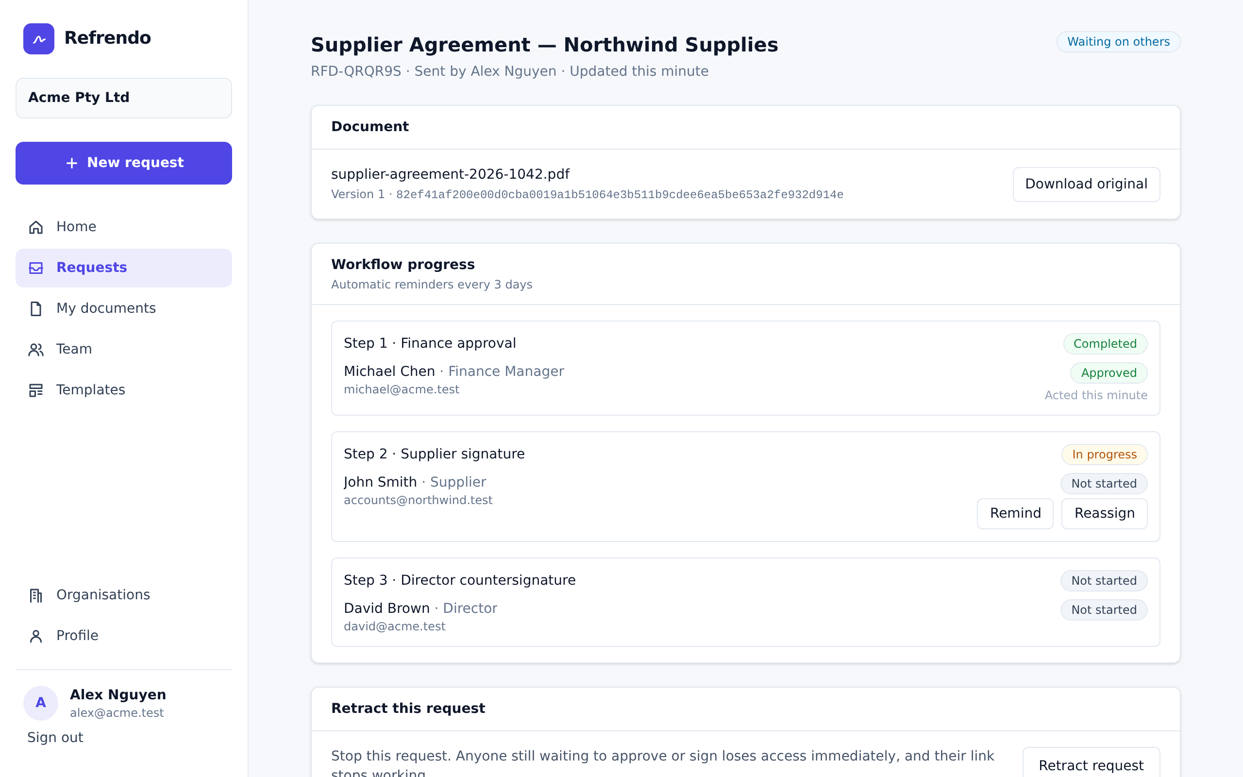 A request in Refrendo moving from Finance approval to the supplier's signature and a Director's countersignature